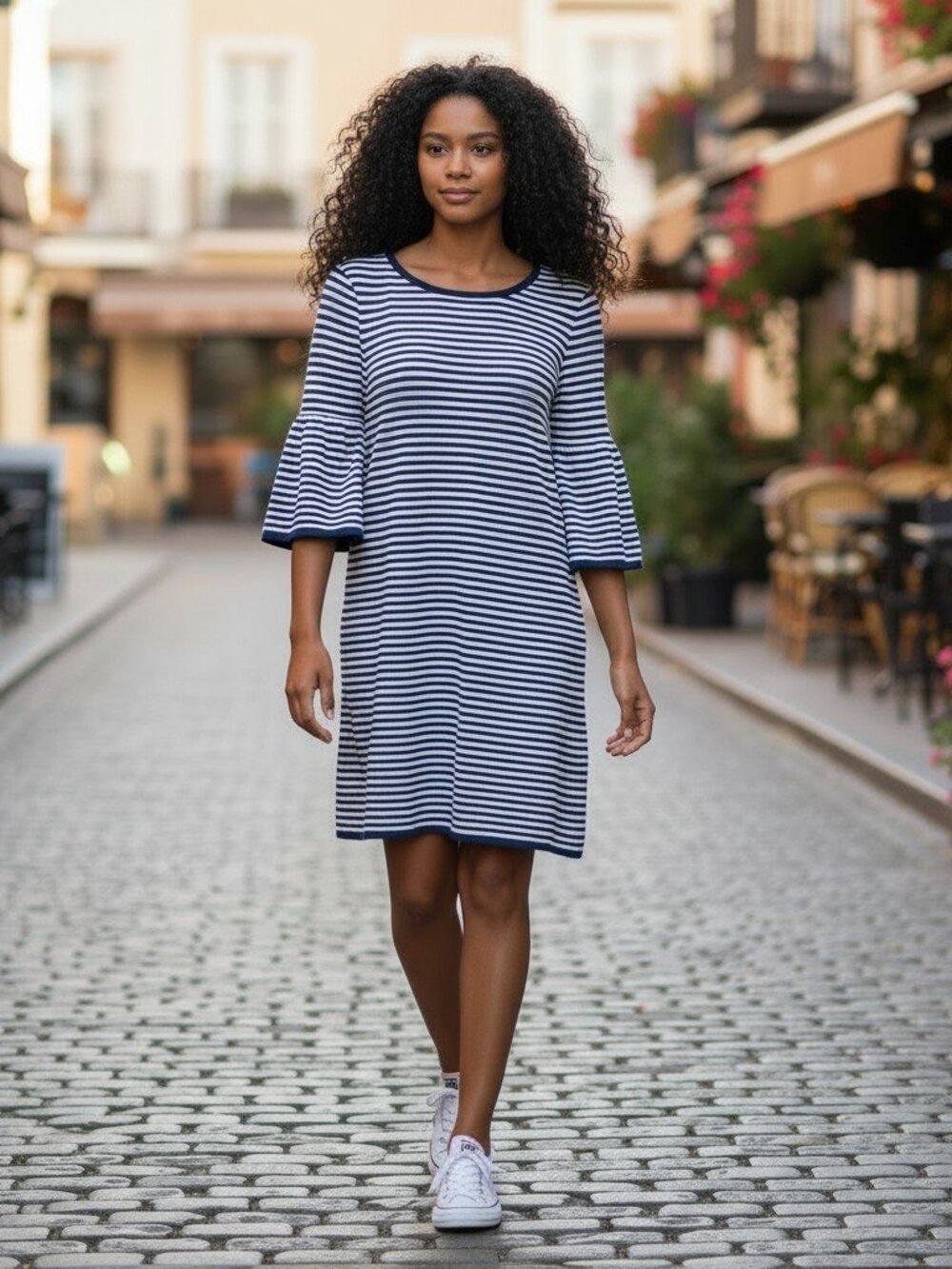 Sail to Sable Blue White Stripe Bell Sleeve Dress Size M Nautical New Tag